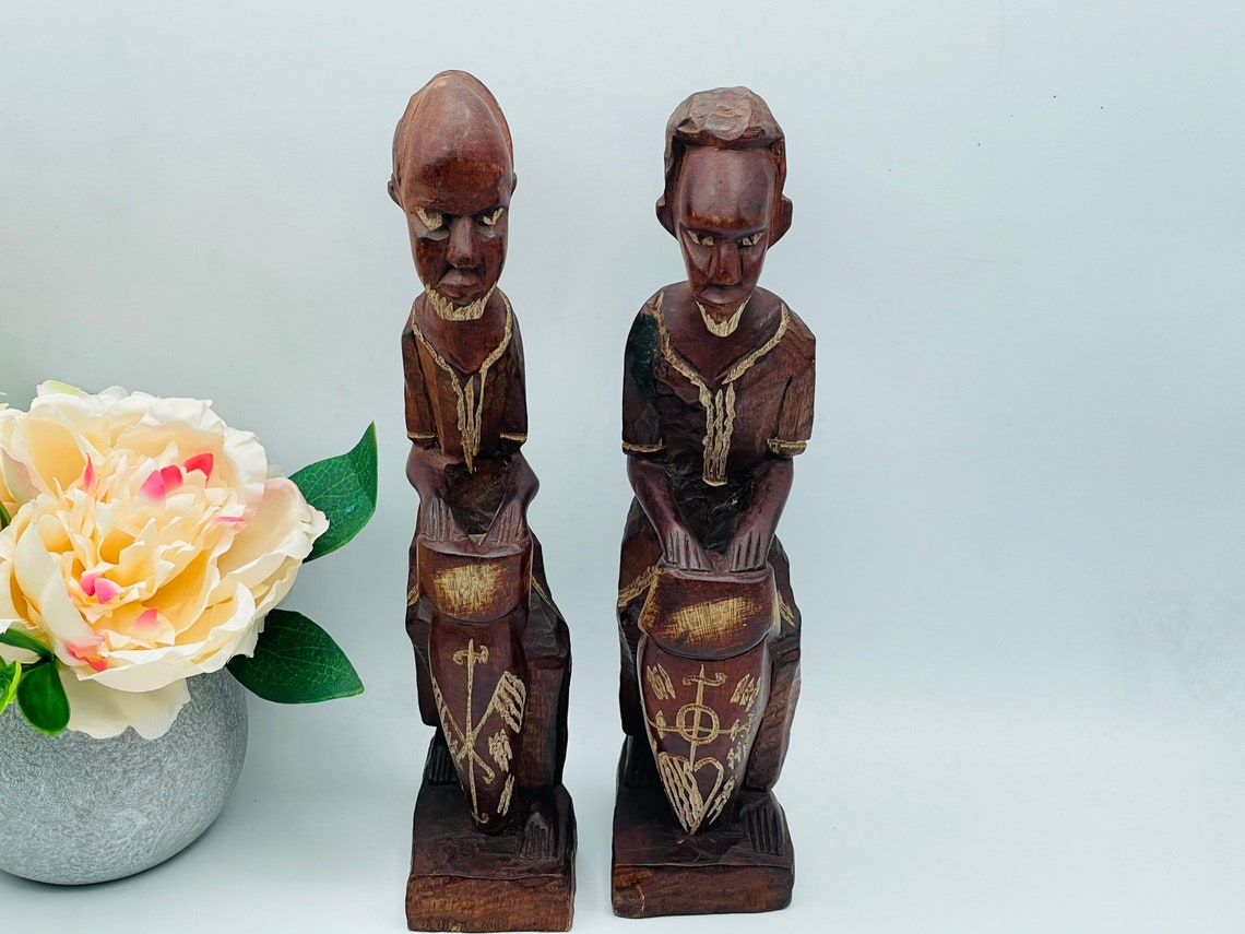 Vintage Wooden African Sculptures Set of 2 Men Bongo Drums Etsy