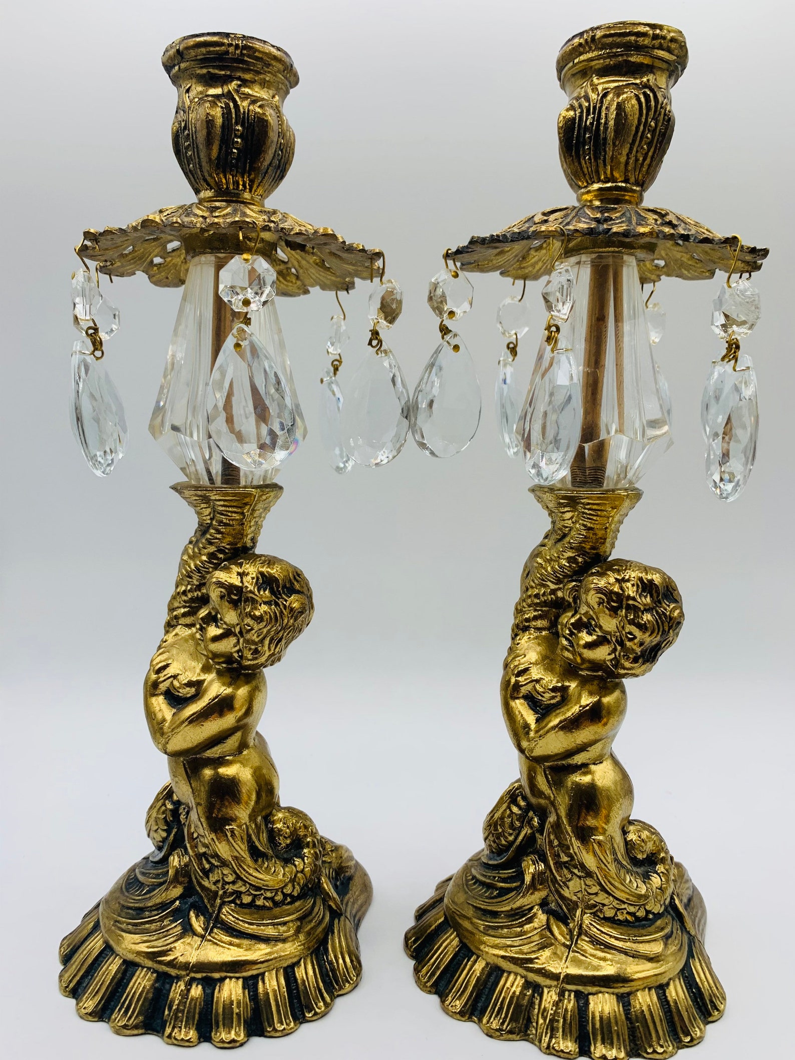 Vintage Brass Cherub Crystal Chandelier Candlestick Holders Etsy
