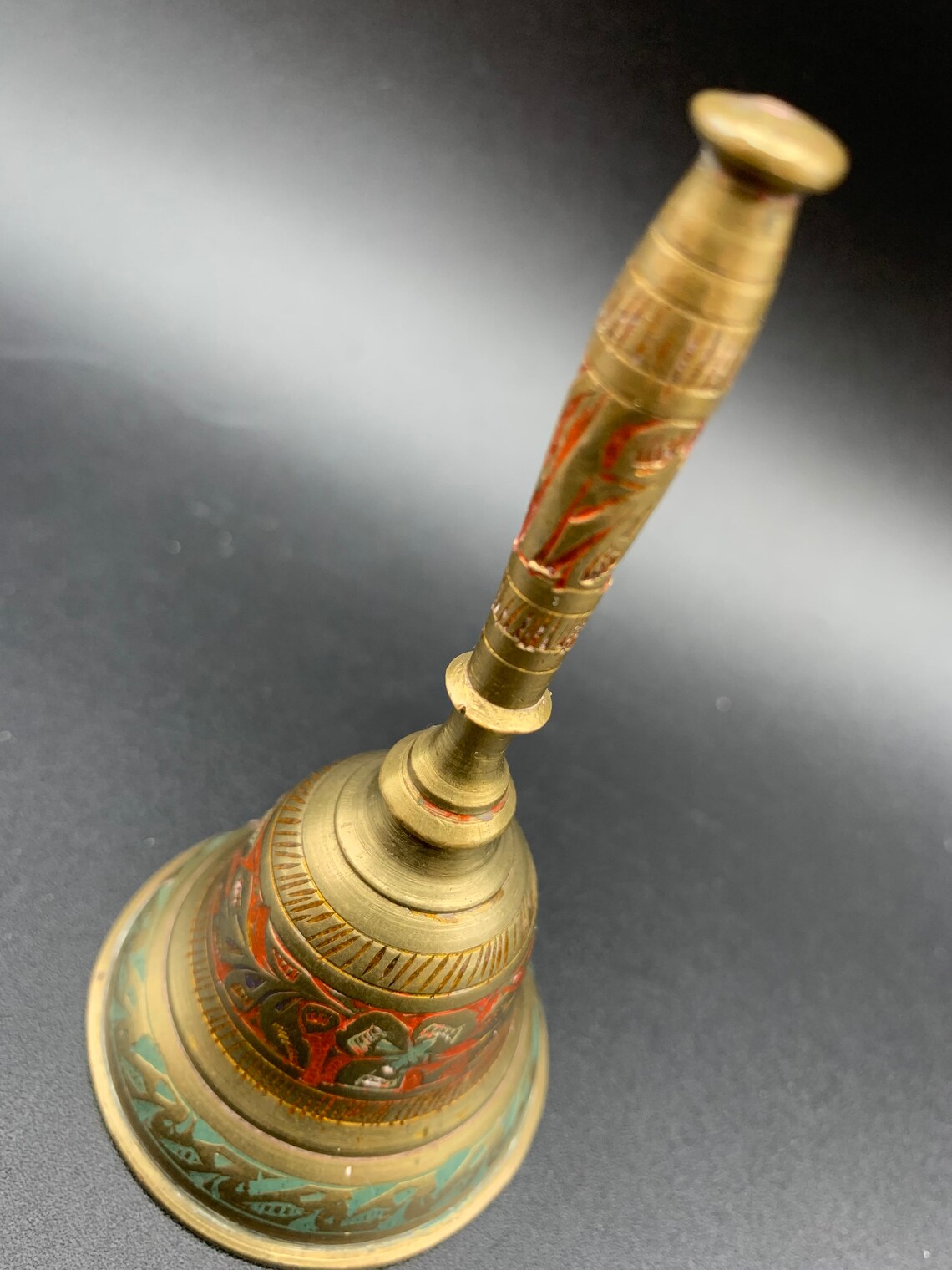 Vintage Brass Enamel Bell Tea or Dinner Time Etched Etsy