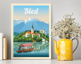 Bled Slovenia Travel Poster / Bled Illustration / Lake Bled Print / Travel Illustration / Lake View Poster / Alpine Lake Print / Best Gift