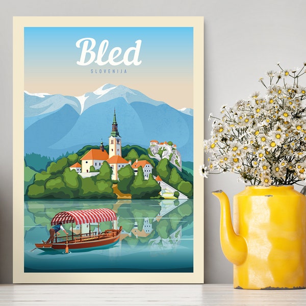Bled Slovenia Travel Poster / Bled Illustration / Lake Bled Print / Travel Illustration / Lake View Poster / Alpine Lake Print / Best Gift