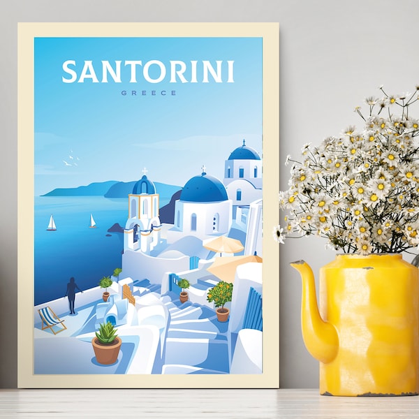 Santorini Greece Travel Poster / Santorini Illustration / Santorini Print / Greece Poster / Travel Collection / Santorini Wall Print