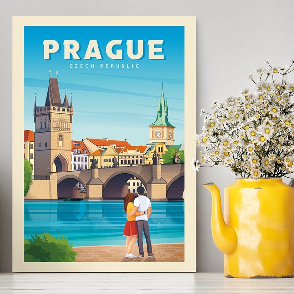 Prague République tchèque Charles Bridge Day View Travel Poster/ Prague vintage Illustration / Prague Travel Poster/ Prague Print /Travel Gift