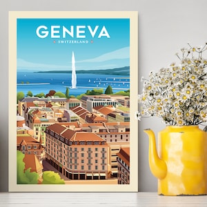 Stampa poster di viaggio Ginevra Svizzera / Illustrazione vintage di Ginevra / Stampa d'arte di Ginevra / Regali di viaggio / Poster vintage /Illustrazione di viaggio