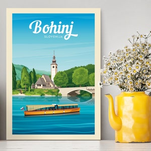 Cartaz de viagem de Bohinj Eslovênia / Ilustração de Bohinj / Impressão de Lago Bohinj / Ilustração de viagem / Cartaz de vista para o lago / Impressão de lago alpino / Presente
