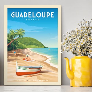 Pôster de viagem de Guadalupe França/Ilustração da costa do Caribe/Impressão de Guadalupe/Pôster de Guadalupe/Pôster de cidade vintage/Presentes de viagem