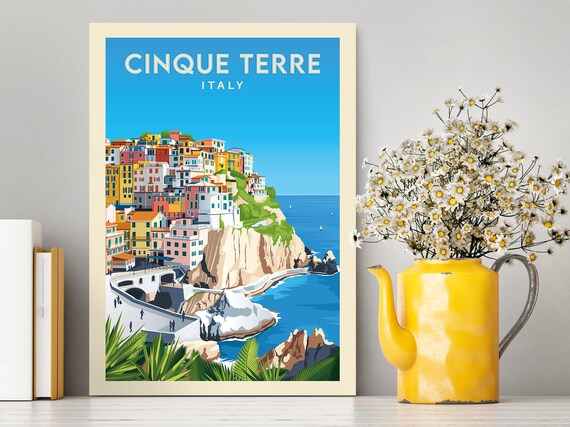 Cinque Terre Manarola Italy Print / Manarola Illustration /  Housewarming Gift / Vintage City Poster / Cinque Terre Collection / Home Decor