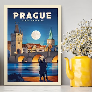 Prag Tschechische Republik Charles Bridge Nachtansicht Reiseposter / Prag Vintage Illustration / Prag Reiseposter / Prag Druck / Reisegeschenk