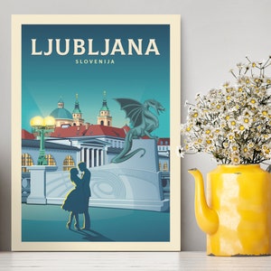 Affiche de voyage Ljubljana Slovénie / Illustration Ljubljana / Ljubljana vintage City View / Ljubljana Print / Cadeaux de voyage / Décoration intérieure