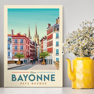 Cartel de viaje de Bayona Francia / Ilustración de Bayona / Impresión de Bayona / Cartel de Francia / Ilustración de la costa / Vintage City Poster Travel Gifts