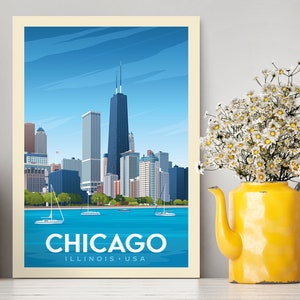Chicago Illinois Printed Travel Poster / Chicago Blue / United States Travel Gift / Housewarming Gift / Chicago Illustration / Vintage City