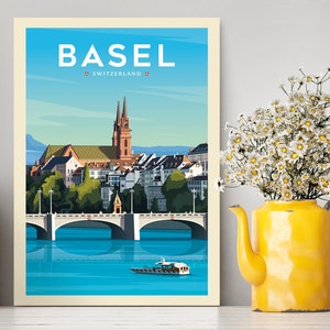 Impresión de póster de viaje de Basilea Suiza / Ilustración vintage de Basilea / Impresión de Basilea / Regalos de viaje / Cartel vintage / Ilustración de viaje