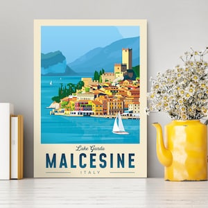 Cartel de viaje de Malcesine Lago Garda Italia / Ilustración vintage de Malcesine / Impresión de Malcesine / Cartel de viaje de Malcesine /Mejor regalo/Decoración del hogar