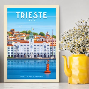 Impression de jour de Trieste Italie | Trieste Italie Illustration | Cadeaux de voyage | Impression de la côte de Trieste | Cadeau de pendaison de crémaillère | Ville vintage Poster
