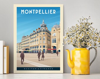 Montpellier Occitania France Travel Poster / Montpellier Illustration / Montpellier Print / France Poster / Vintage City Poster / Gift