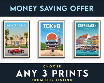 Money Saving Offer, Travel Posters, Set of 3 Posters, Travel Poster Set, Travel Gift, Travel Illustrations Printed on High Quality Paper