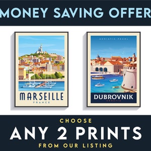 Oferta de ahorro de dinero, carteles de viaje, conjunto de 2 carteles, conjunto de carteles de viaje, regalo de viaje, ilustraciones de viaje impresas en papel de alta calidad