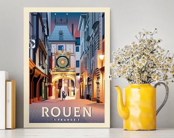 Rouen Normandy France Travel Poster / Gros Horloge Illustration / Rouen Print / Rouen Poster / Gustave Flaubert /Travel Gifts/Vintage Poster