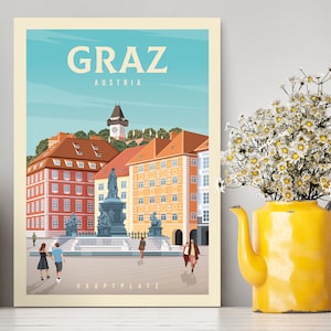 Cartel de viaje de Graz Austria / Ilustración de Hauptplatz / Arte de pared / Impresión de Graz / Cartel de Graz / Idea de regalo / Ilustración vintage de Graz Austria