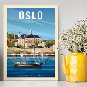 Oslo Norvège Akershus Fortress Affiche de voyage / Oslo Illustration imprimée / Oslo Print / Cadeaux de voyage / Norvège Illustration / Vintage Print