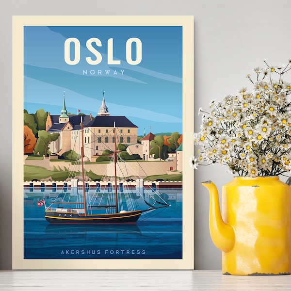 Oslo Norway Akershus Fortress Travel Poster / Oslo Printed Illustration / Oslo Print / Travel Gifts / Norway Illustration / Vintage Print