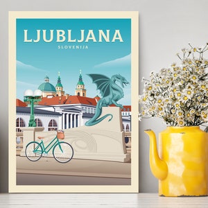 Ljubljana Slovenia Travel Poster / Ljubljana by Bicycle Illustration/ Ljubljana Vintage City View /Ljubljana Print/ Travel Gifts /Home Decor
