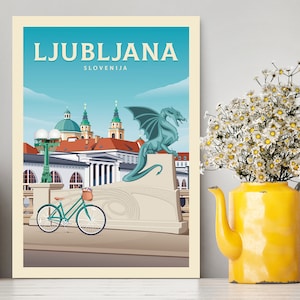 Cartel de viaje de Ljubljana Eslovenia / Ljubljana por ilustración de bicicleta / Vista de la ciudad vintage de Ljubljana / Impresión de Ljubljana / Regalos de viaje / Decoración del hogar