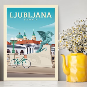 Ljubljana Slovenia Travel Poster / Ljubljana by Bicycle Illustration/ Ljubljana Vintage City View /Ljubljana Print/ Travel Gifts /Home Decor