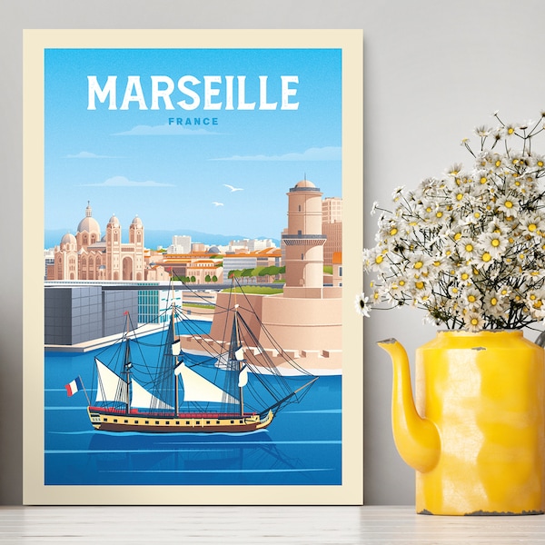 Marseille France Vieux-Port  Travel Poster / Mediterranean Sea Poster / Marseille Illustration/Marseille Print on High Quality Paper/Vintage