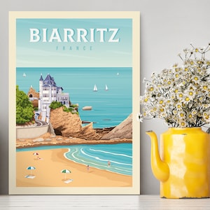 Cartel de viaje de Biarritz Francia / Ilustración de Biarritz / Impresión de Biarritz / Cartel de Francia / Ilustración de la costa / Cartel de la ciudad vintage