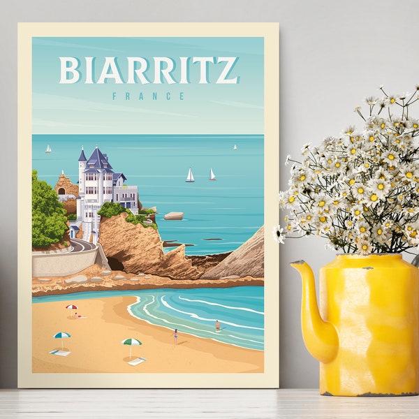 Biarritz France Travel Poster / Biarritz Illustration / Biarritz Print / France Poster / Coast Illustration / vintage City Poster