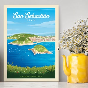 Cartaz de viagem de San Sebastian Espanha/Ilustração da baía de San Sebastian La Concha/Impressão de San Sebastian/Pôster da França/Pôster da cidade vintage