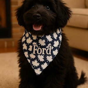 Personalized Canada Day Dog Bandana - Custom Over-the-Collar and Snap-On Pet Bandanas for Dogs - Red & White Maple Leaf Design