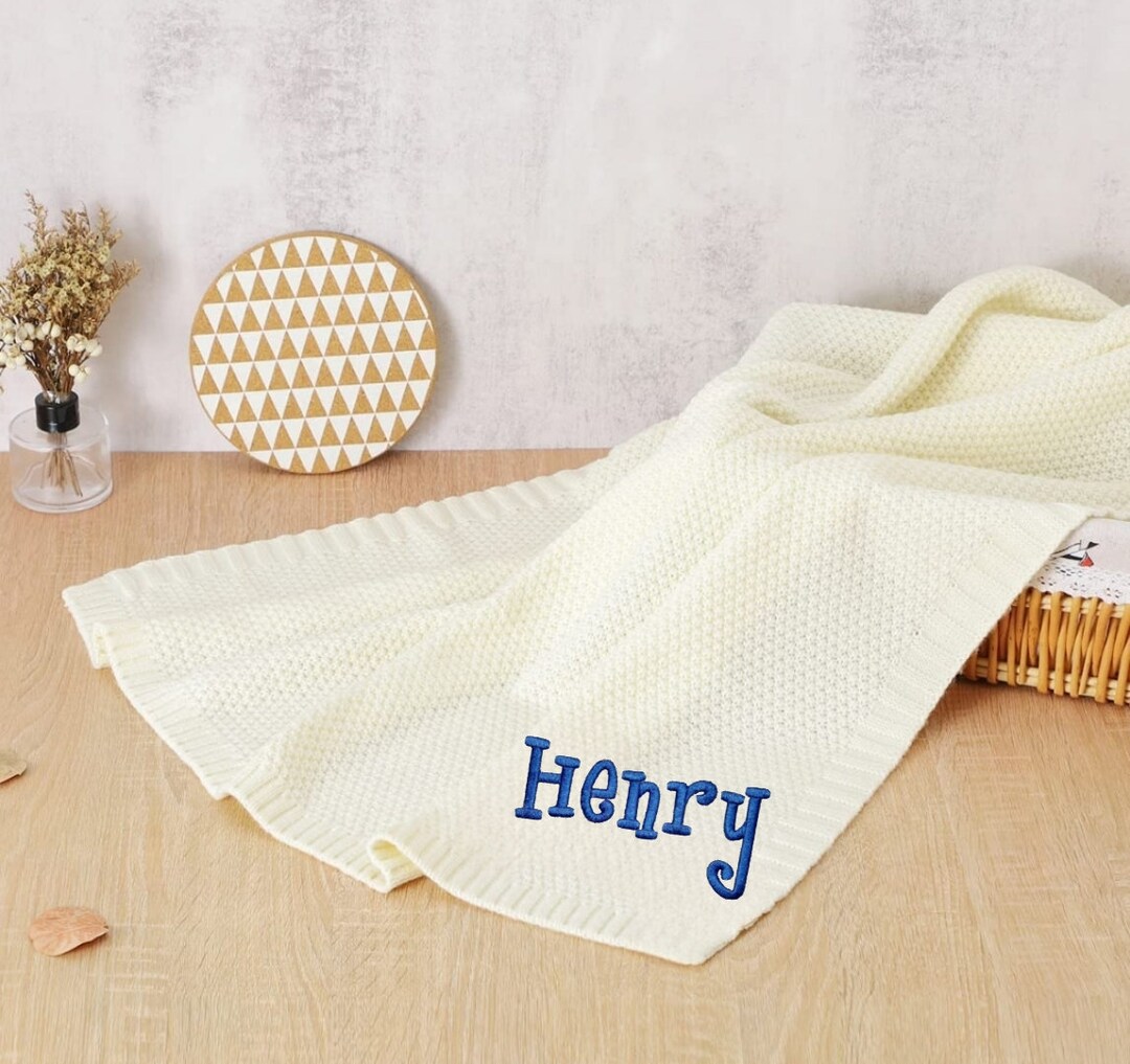 Personalized Hand Knitted Baby Blanket, Knit Baby Blanket, Embroidered