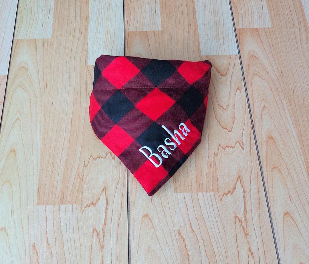Personalized Dog Bandana, Over the Collar Bandana, Red Black Plaid Dog