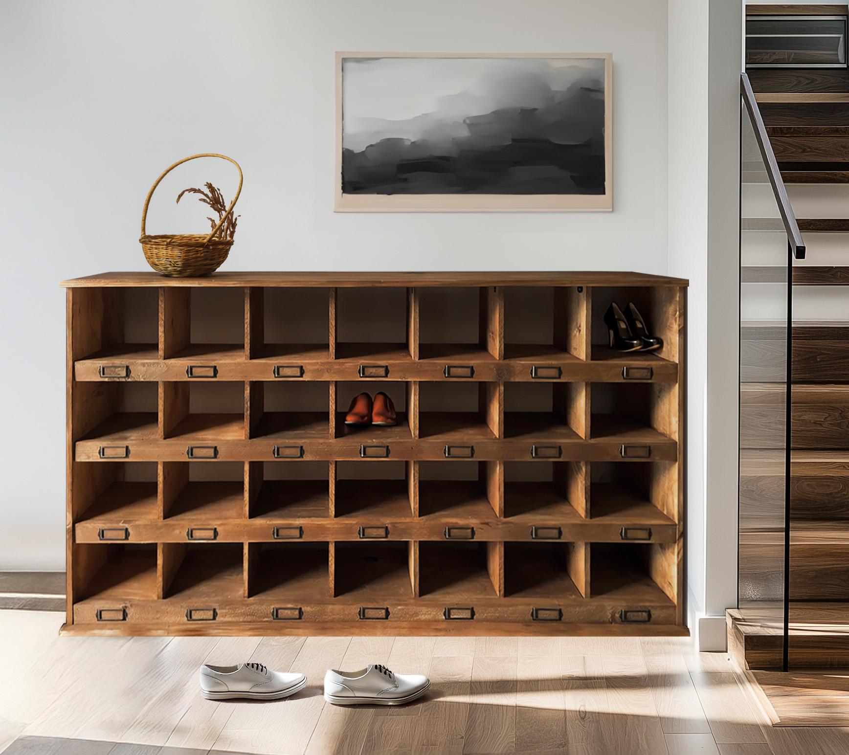 Rustic Reclaimed Wooden Pigeon Hole Shoe Storage Unit Rack Shelves - Main Image