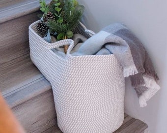 Gray and White Rope Stair Basket