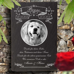 Tiergrabsteine, Grabsteine für Hunde, Gedenktafel für Tiere aus Naturschiefer, mit personalisierten Text und Bild, 30x20cm