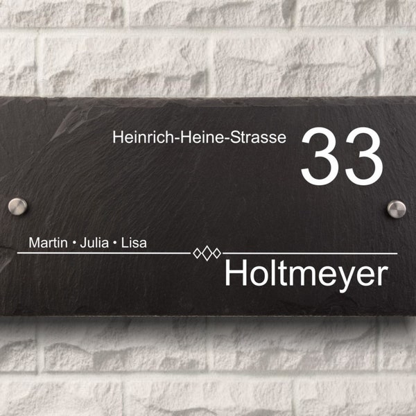 Moderne Haustürschilder – Türschilder MODERN mit Namen, NATURSCHIEFER und 2 Edelstahl Abstandshaltern 30cm x 15cm.