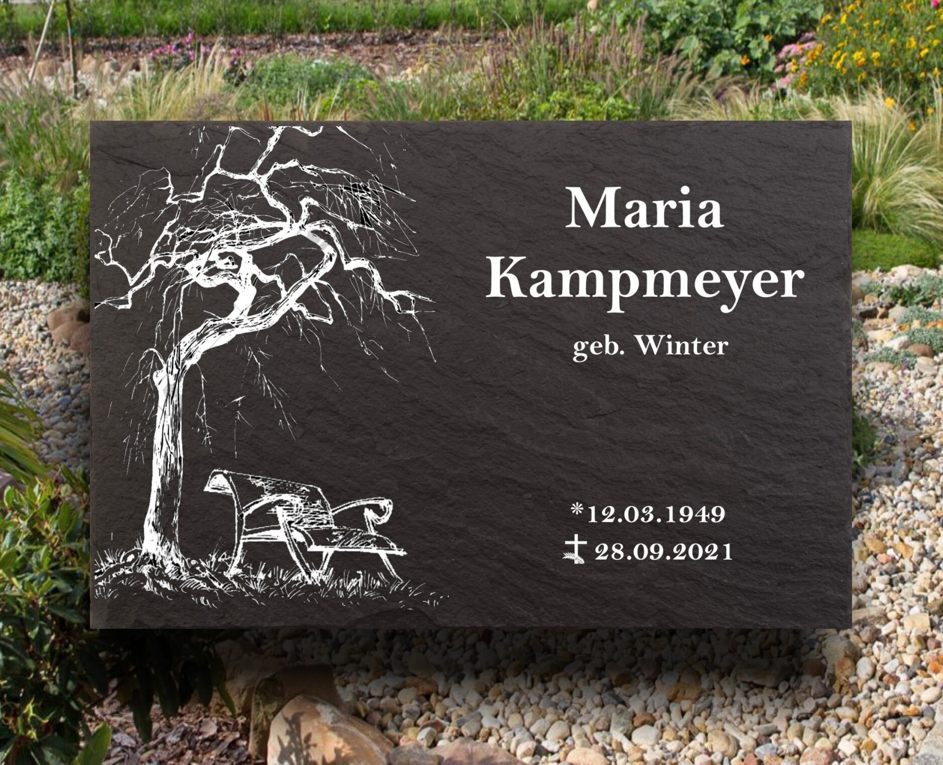 Gravestones for urn graves, urn gravestones, memorial plaque made of natural slate, with personalized text, 30 x 20 cm 100% weatherproof.
