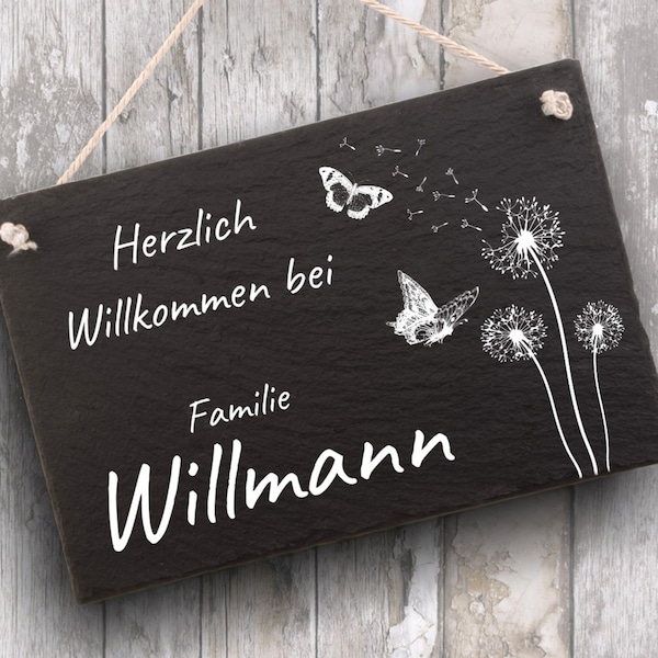 Haustürschild in Schiefer personalisiert mit Ihrer Wunschgravur Türschilder Pusteblume aus Naturschiefer - 300 x 200mm – inkl. Kordel.