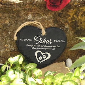 Animal gravestone slate heart with engraving, heart-shaped memorial stone with jute cord, animal gravestone for dogs, cats, animal memorial plaque, 12 x 15 cm