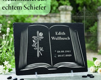 Urnengrabstein "Buch", Grabstein für Urnengrab aus Schiefermit Gravur, Gedenktafel aus Naturschiefer, mit personalisierten Text, 30x20cm