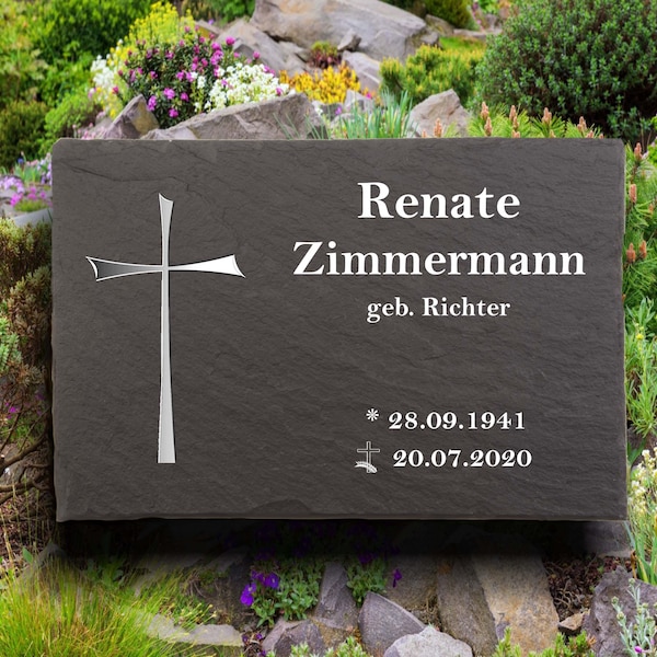 Urnengrabstein modernes Kreuz, Grabsteine für Urnengräber, Gedenktafel aus Schiefer, mit personalisierten Text, 30x20cm 100% Wetterfest.