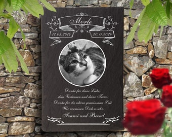 Tiergrabsteine, Grabsteine für Katzen, Gedenktafel für Tiere aus Naturschiefer, mit personalisierten Text und Bild, 30x20cm