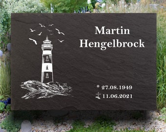 Urn gravestone, tombstone lighthouse seagulls, memorial plaque with personalized engraving, natural slate stone, 30 x 20 cm 100% weather-resistant