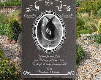 Tiergrabsteine Kaninchen mit Bild, Grabsteine für Tiere, Gedenktafel aus Naturschiefer, mit personalisierten Text und Bild, 30x20cm