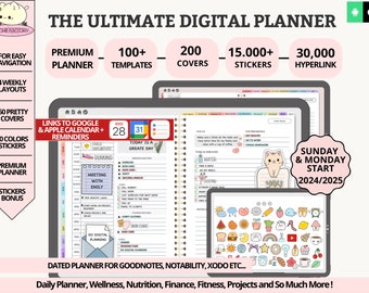 Planificateur numérique 2024-2025, planificateur numérique avec intégration du calendrier Google et du calendrier Apple, Goodnotes Daily Weekly Monthly Planner