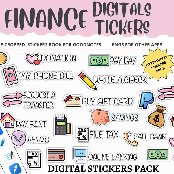 Finance Digital Planner Stickers for GoodNotes, Budget Stickers for iPad, Pre-cropped Money Stickers, Monthly Bills digital planner Stickers