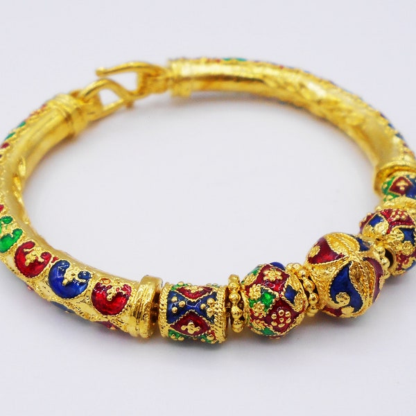 Beaded Lai Thai Enamel Bracelet Bangle 22K 23K 24K Thai Baht Yellow Gold Plated Women Girl Jewelry Gold Size 7 Inch Handmade Jewelry 2024